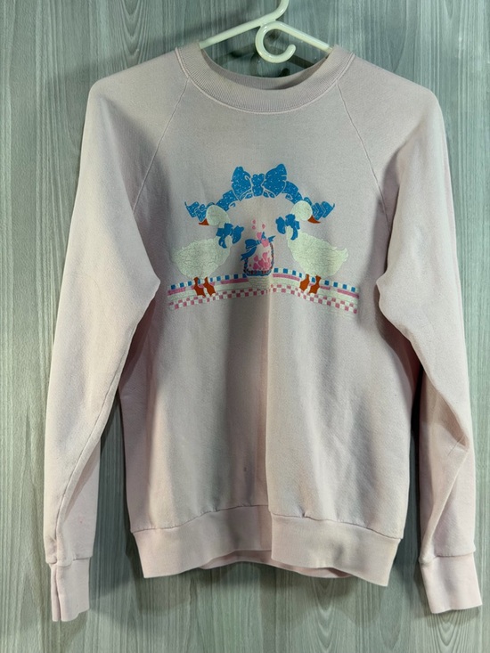 Vintage Sweaters - Vintage Country‎ Geese Grandma Core 90s Sweatshirt Size L Pink Check Ribbon Mom
